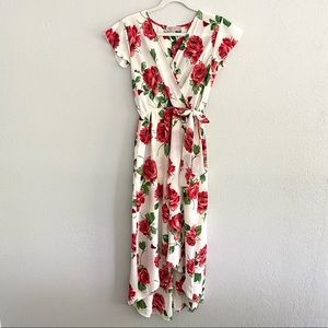 High Low, Floral Print, Faux Wrap Style Midi Dress